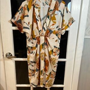 B20.    Floral Twist-Front Midi Dress in Cream and Mustard